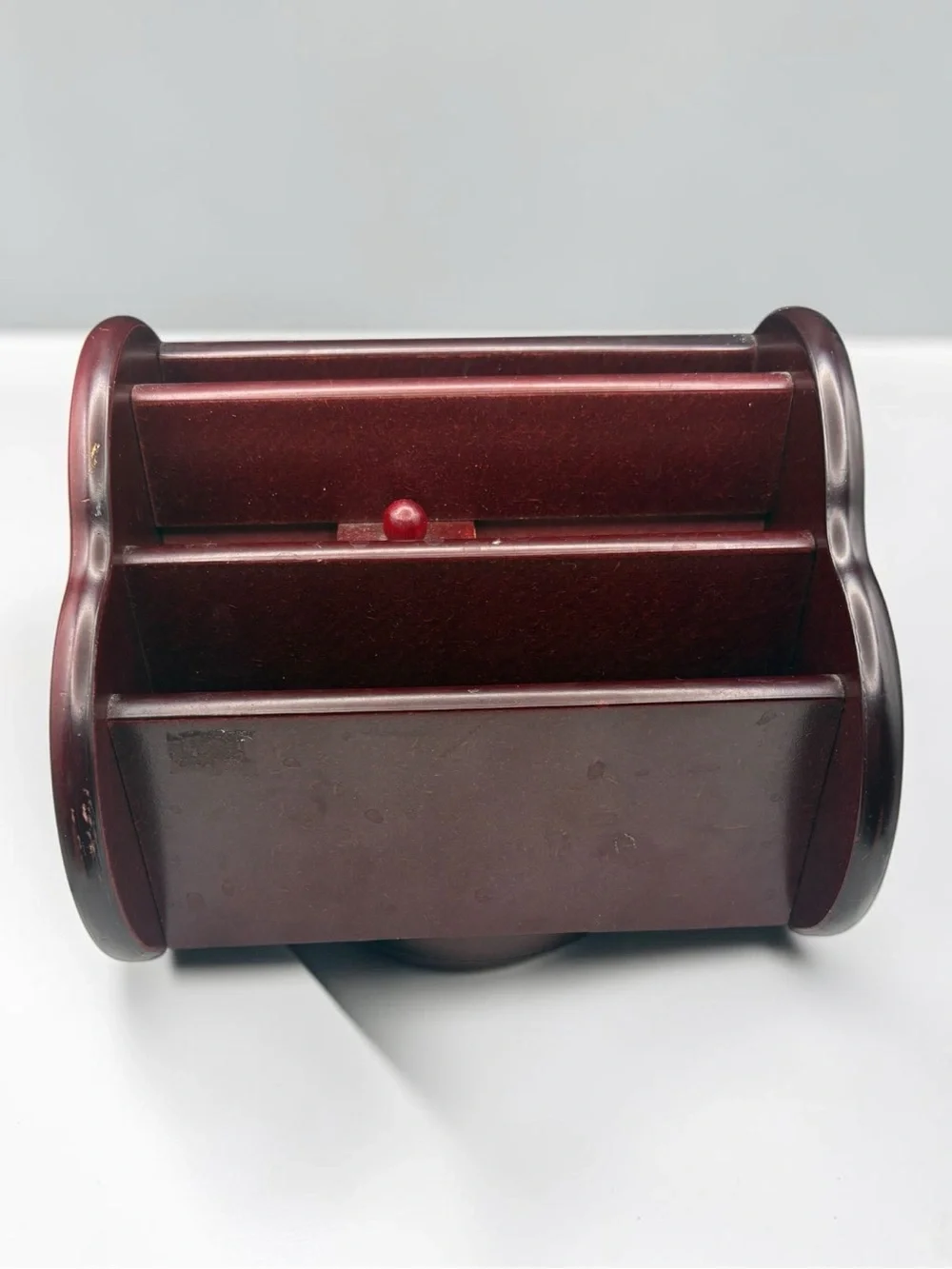 Vintage Cherry Colored Wood Rotating Desk Organizer Napkin Letter Holder 7x6.5”